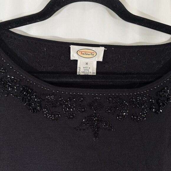 Talbots Silk Blend Blouse Women's Medium Black 3/4 Sleeve Round Neck Sequin - Picture 6 of 13